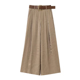 GETADME HipSeam Women Satin Trousers With Belt Spring Summer Simple Women's Pants Versatile Female Loose Pants Pocket Wide Leg Pants