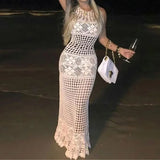 Getadme Women Crochet Cover Up Bikini Swimwear Knit Hollow Out Beach Dress Swimsuit Solid Perspective Tunic Kaftan Sexy Pareo Beach