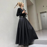 GETADME TFETTERS Brand Black Pleated Skirt Women 2025 Spring and Autumn Maxi Skirt New High Waist  Long Skirt for Women Clothing