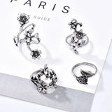 Getadme 4PCS/Set Forest Vine Leaf Flower Ring Vintage Punk Antique Carved Midi Finger Ring Women Bohemian Rings For Men Jewelry Gifts