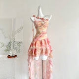 GETADME Summer Women French Vintage Graduation Off Shoulder Dress Mini Chiffon Tie Dye Frock Evening Shoujo Girl One-Piece Party 2000s