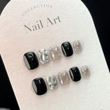 GETADME 10Pcs Handmade Gothic Short Press on Nails Rhinestone Round Manicure Decoration Wearable Full Cover with Design Acrylic Nail Tip