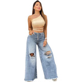 GETADME Women's XS-XL size 2025 Summer New High Waist Retro Loose Hole Wide Leg Pants Light Color Washed New Jeans Women's Pants jeans