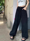 Getadme-Y2k Black Polka Dot Jeans Women Vintage High Waist Loose Wide Leg Pants Korean Streetwear Fashion Casual Straight Trousers