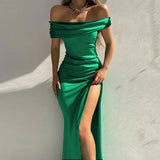 Getadme-Women's Formal Dresses Fashion Solid Color Off Shoulder Satin Slim Side Slit Midi Dress Elegant Party Evening Dress For Women