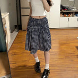 GETADME Vintage Plaid Mini Skirt Women Harajuku Aesthetic Patchwork Knee Length Skirts Summer Korean High Waist A Line Faldas New