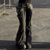 GETADME Deeptown Y2k Vintage Punk Women Flared Jeans Harajuku Distressed Low Waist American Style Denim Cargo Pants Grunge Gyaru Casual