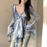 GETADME Sexy Women Tie Dye Mesh Sheer T-Shirt V Neck Flared Long Sleeve Slim Fit Tees Fake 2 Pieces Front Bandage Tshirt Y2K Streetwear