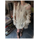 Getadme-Y2k Vintage Beige Knit Sweater Women Grunge Harajuku Irregular Off Shoulder Jerseys Hollow Out Hippie Streetwear Jumper