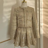 GETADME Small Fragrance Autumn Winter Beading Tweed Pearls Short Jacket Coat + Mini Pleated Skirt Suit Two Piece Sets Womens Outifits