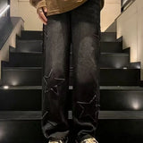 GETADME Star Embroidered Straight Casual Men's Jeans Y2K Gothic Unisex New Wide-leg Loose, Comfortable Fashionable Youth Street Jeans