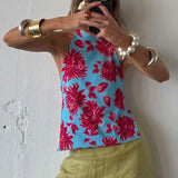 GETADME Combhasaki Women's Y2K Button Closure Halter Neck Crop Tops Sleeveless Backless Aesthetic Dots/Tie-dye Flower Print Summer Vests