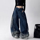 GETADME 2025 American Retro Y2K Style Patchwork Washed Black Baggy Women's Stacked Jeans Pants Woman Clothing Wide Leg Denim Trousers