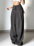 Getadme Shirring Casual Wide Leg Pants Women High Waist Street Basic Loose Sweat Trousers Korean Retro Gray Office Y2K Lady Pants