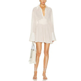 GETADME Combhasaki Women Summer Sexy Solid Color See-through Long Sleeve Turn-Down Collar Pleated Waist Ruffled A-line Short Shirt Dress