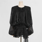 GETADME Chic Ruffle Bow Lace Up Women  Mini Dresses Elegant Solid Mesh Full Sleeved Backless Pleated Prom Dresses 2025 Lady Party Robe