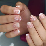 GETADME 24Pcs Short Square Coffin False Nails Square Fake Nails with Glue French Glitter Wearable Acrylic Nails Set Press on Nail Tips