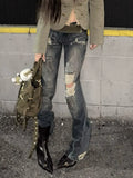 GETADME Women Vintage Ripped Y2k Jeans Streetwear American Retro Rivet Hole Design Denim Pants High Street Grunge Trousers Pantalones