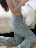 GETADME Women's Straight Leg Design Slimming Jeans Loose Fit Wide Leg Hong Kong Style Mm Design Sensibility
