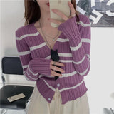 GETADME Y2K 스트라이프 여성 카디건 한국 니트 슬림 버튼 여성 캐주얼 상의 가을 신상 패션 올매치 시크 V넥 여성 크롭 탑