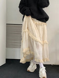 Korean Lace Long Skirt Women Vintage Cute High Waist Loose Fairycore Tassel Patchwork A-Line Midi Skirt Mori Girl Autumn