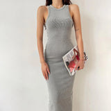 GETADME 2025 New Solid Basic Vintage Sleeveless Ribbed Bodycon Women's Summer Knit Dress Casual Sexy Slim Hip-cover Midi Dress For Women