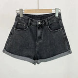 GETADME Korean Style High-Waisted Slimming Casual A- Line Jeans Trendy Women's Student Shorts With Rolled Edges New Arrival