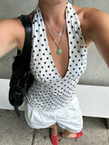GETADME Weird Puss Polka Dot Print Vest Women Y2K Lace-Up Backless Halter v-Neck Skinny Summer Trend Daily  Street Basic Chic Tank Tops