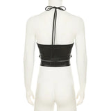 GETADME 여성 섹시 그로밋 버클 벨트 PU 가죽 2피스 세트 레이스업 홀터넥 백리스 탱크 크롭 탑 + 바디콘 미니 스커트 클럽웨어 슈트