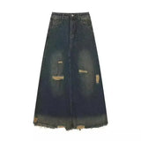 GETADME American Style Vintage Washable Fringed Denim Skirt For Women Trendy Long A- line Flared Hemline Distressed