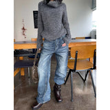 GETADME Blue Straight Leg Slim Fit Jeans Women's American Retro  Casual Cotton Denim Pants Youth Stand Fit Jeans
