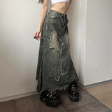 GETADME SUCHCUTE Y2k Patchwork Denim Long Skirt Women Retro Slim Ripped Mid-Waisted Mermaid Hem Skirts Fashion Tassel Irregular Skirt