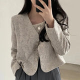 Women Outerwear Retro V-neck Single-Breasted Loose All-Match Long Sleeve Short Outerwear Korean Fashion Casual Top Wholesale