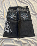 GETADME American Washed Ecko Denim Shorts Mens Hip-hop Rock Street Fashion Pattern Straight Pants Harajuku Trend Wide Pants