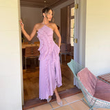 GETADME Elegant Purple Halter A Line Prom Gowns Ruffles Tiered Backless Party Gown Summer Vacation Chiffon Long Evening Dress