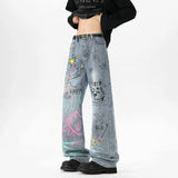 GETADME Men Graffiti Straight Leg Jeans American Style High Street Vintage Loose Plus Size Denim Pants Fashion Male Black Blue Trousers