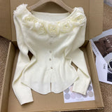 GETADME New Year's Pink Three-dimensional Flower Long-sleeved Slim Top French One-line Base Short Sweater