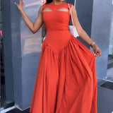 GETADME Women O Neck Summer Sleevelss Cut Out Low Waist Elegant Holiday Party Pleated A Line Sundress Chic Elastic Femme Maxi Robe