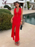 GETADME Summer Knitted Hollow Out Long Dress Women Sleeveless Deep V-neck Split Solid Slim Dresses Fashion 2025 Lady Beach Vacation Robe