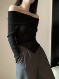 Getadme-Black Knitted Sweater Women Sexy Off Shoulder Slash Neck Pullover Female Autumn Korean Fashion Long Sleeve Split Thin Knitwear