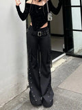 GETADME Retro New Pure Black Rivet Design Belt Decorative Slim Pants for Women Y2K Harajuku Goth Low-Waisted Flared Pants
