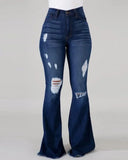 GETADME Denim Womens Pants High-stretch Ripped Jeans High-waisted Flared Trousers for Women