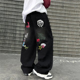GETADME 2026 Boys' Street Style Straight Jeans: Black Denim with Cartoon Letter Back Print (Ages 4-14