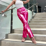 Silver Summer Straight Women's Pants PU Clothing Solid Casual Pocket Trousers Streetwear Fashion High Waist Ankle-Length Pants