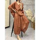GETADME Ramie Set For Women Large Size With Bat Sleeves V-neck Cotton Linen T-shirt Casual Lantern Pants Two-Piece Set For Autumn E5175