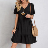 GETADME 2025 Loose V-neck Short Sleeved Pleated Women Dress Solid Color A-line Beach Dresses Elegant Simple Comfortable Woman Clothing