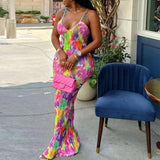 GETADME 컬러 프린트 스파게티 스트랩 맥시 드레스 여성용 섹시한 V넥 슬림 백리스 폴드 드레스 패션 이브닝 파티 우아한 베스띠토