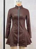 GETADME Trendix Long Sleeve Ruffle PU Dress Women 2025 Slim High Waist Zipper Mini Dresses Fashion Vintage Elegant A-Line Leather Dress