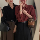 Retro Style High Temperament V-neck Women's Shirt Long Sleeved Shirt Loose Style Top Women's Clothing Red Rose white
