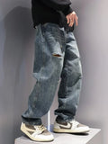 GETADME Men's Baggy Ripped Jeans Fashion Hip Hop Hole Streetwear Distressed Washed Trousers Straight Loose American Denim Pants